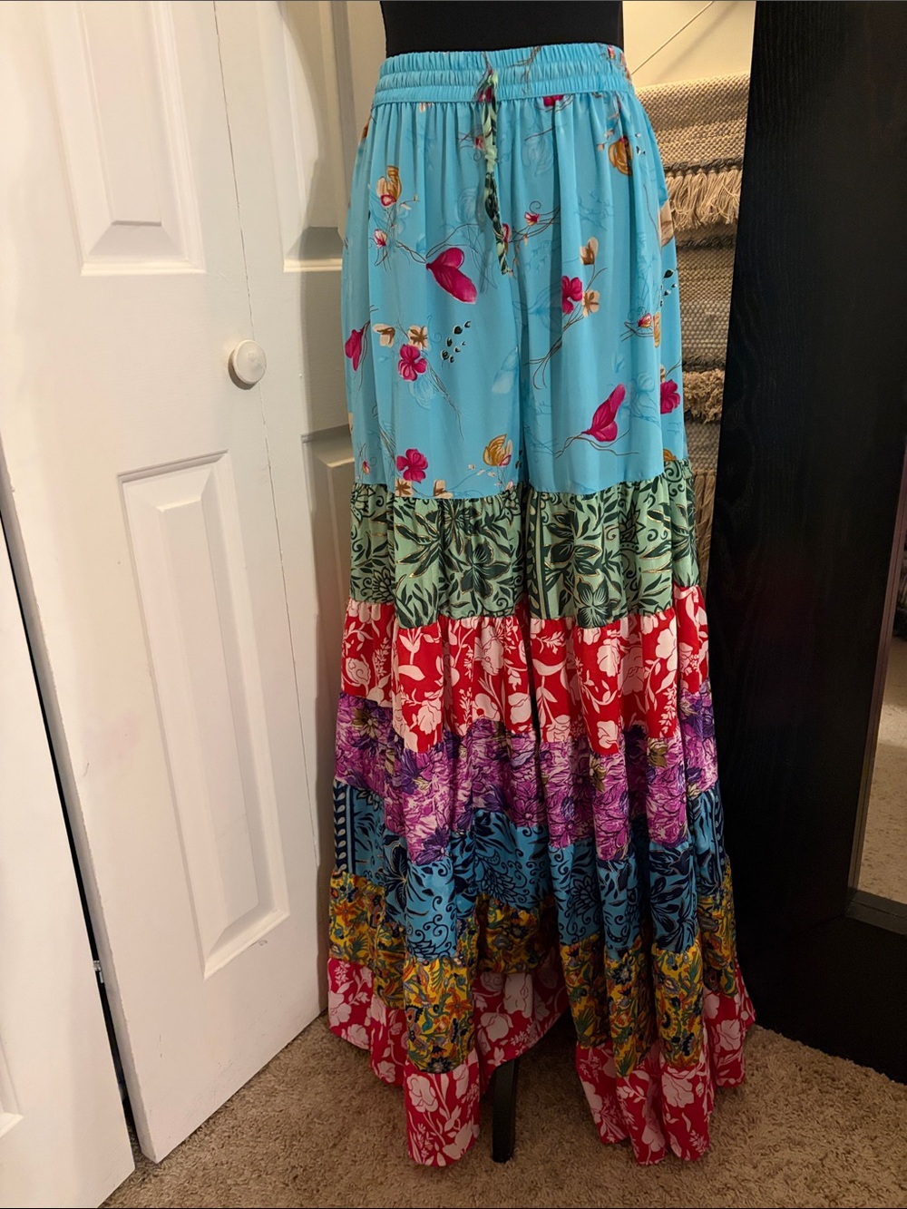 Boho-Chic Tiered Wide-Leg Pants with Patchwork in Multi-Color
